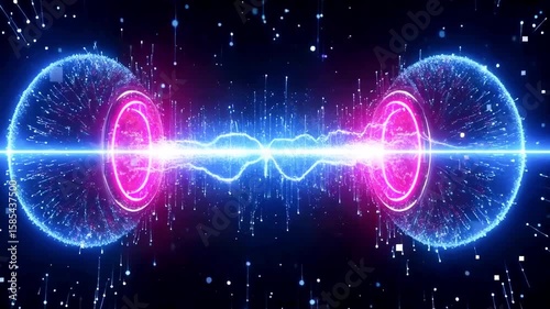 Vibrant digital representation of energy waves between two spheres, surrounded by a cosmic background