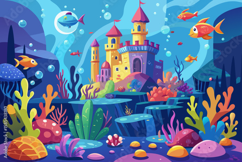 Underwater Cartoon World with Coral Castles and Dancing Fish
