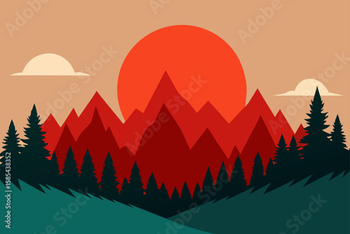 Vintage Style Forest Landscape with Layered Misty Trees