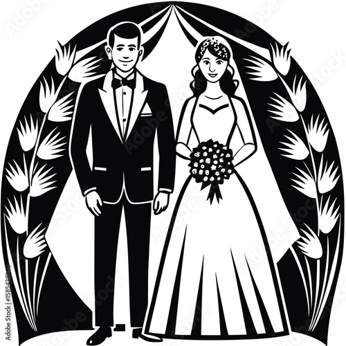 bride and groom on a black background