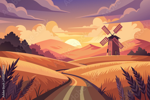 Warm Hues of Sunset Paint a Tranquil Scene with a Windmill