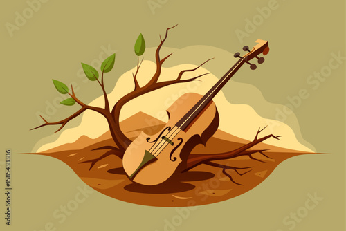 Violin Made of Tree Bark Growing from a Cracked Music Box