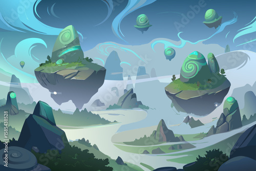 Wisps of Iridescent Fog Curl Around Floating Boulders