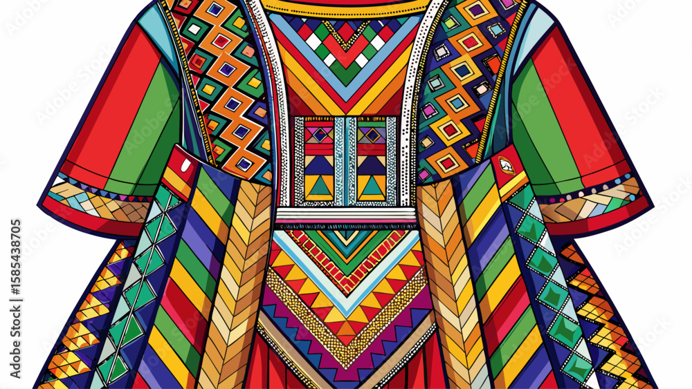 Seminole patchwork dress from Florida includes rows of colorful, geometric stitching, representing community and history, perfect for a vibrant, symbolic vector.