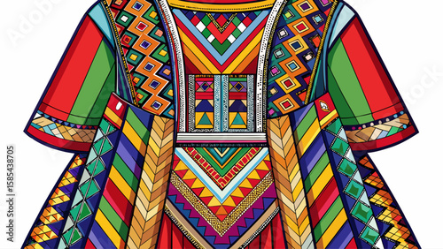 Seminole patchwork dress from Florida includes rows of colorful, geometric stitching, representing community and history, perfect for a vibrant, symbolic vector.