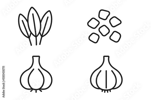 Black outline icons of spinach, peas, onion, and garlic on dark background