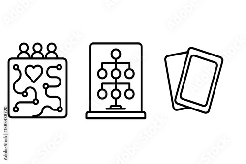 Abstract icons of social connection, genealogy diagram, and tarot cards