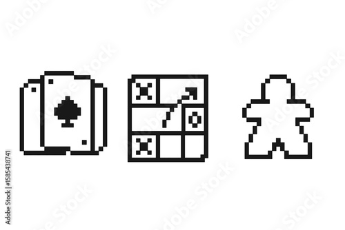 Pixel art symbols of playing cards, board game grid, game piece icon