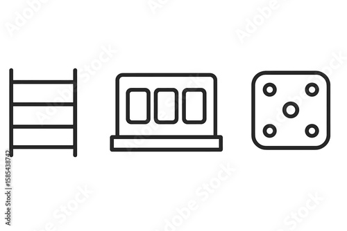 Minimalist icon set: ladder, train, dice on gray background