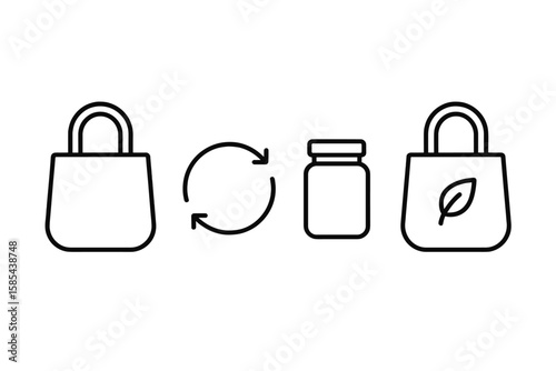 Eco-friendly shopping icons: recycling, reusable bags, glass jar, sustainability