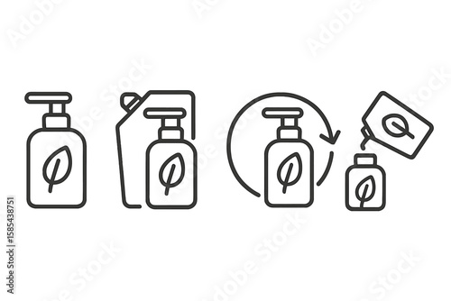Eco-friendly refillable soap dispenser icons with leaf symbol