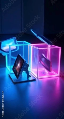 Abstract dark background with square shapes orbiting inside transparent neon cube in a minimalist style