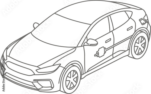 A modern electric car is depicted with a charging plug, emphasizing its ecofriendly design and innovative technology isolated on white background
