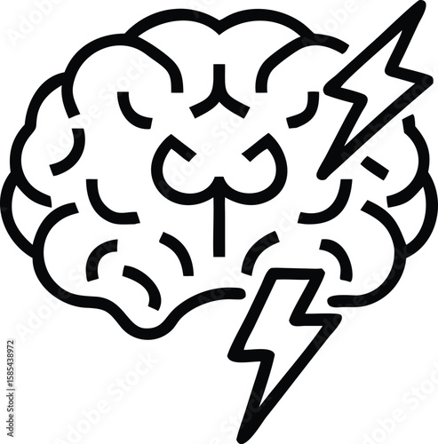 Brain with lightning bolt line art icon for medical or neurological concepts