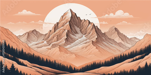 A breathtaking panorama of diverse mountain landscapes, from arid desert valleys to snow-capped peaks, capturing the essence of nature's majestic rock formations during sunrise or sunset