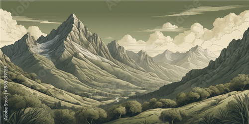 Snowy mountain peaks touch the sky in a breathtaking winter landscape panorama