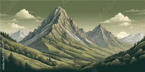 A breathtaking panoramic view of a snow-capped mountain landscape with majestic peaks, a vast sky, and a pristine glacier under a cold winter light