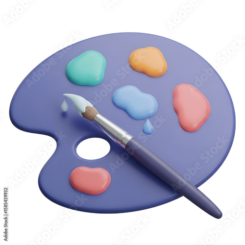 3d icon of a purple artists palette with a brush isolated on transparent background