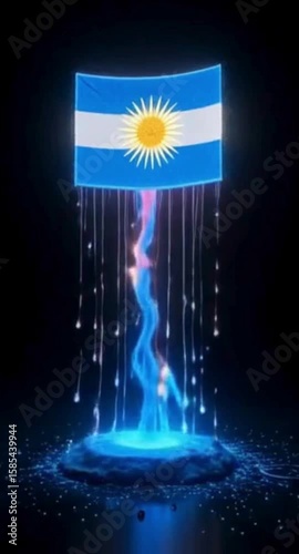 Futuristic Argentina Flag with Glowing Blue Light and Water Dripping on Black Background