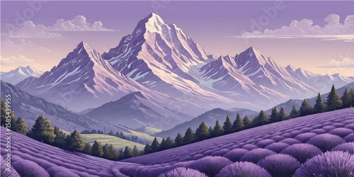 Dramatic panoramic winter landscape: sunlit snow-capped alpine peaks at sunrise or sunset