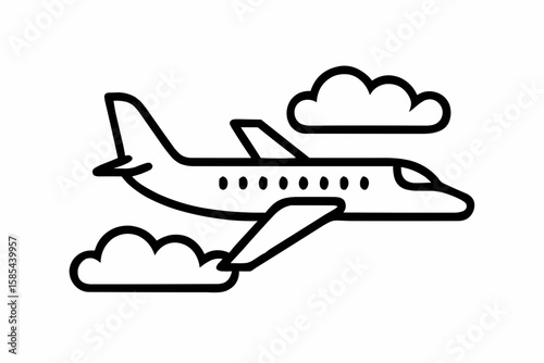 Airplane flying in the sky with clouds in a simple outline style for travel and transportation concept