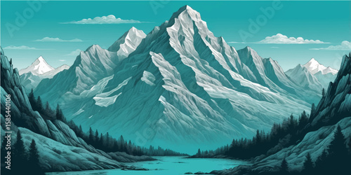 White winter mountain landscape with snow-capped peaks and a cloudy sky