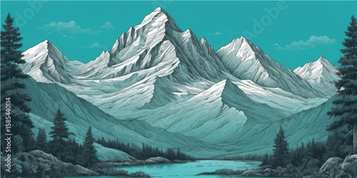 Snowy mountain peaks touch the sky in a beautiful alpine winter landscape with frosted trees