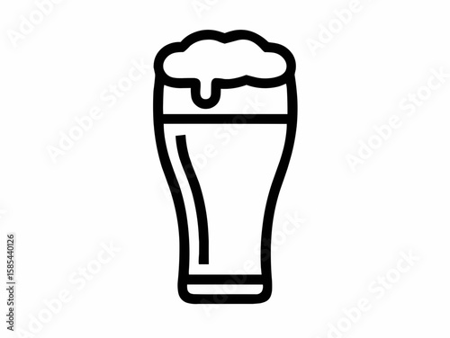 Outline drawing of a beer glass filled with frothy beer and a simple design on a white background
