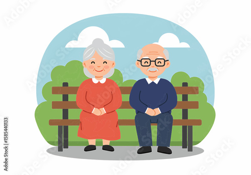 Cartoon illustration of an elderly couple sitting on a bench in a park with trees and clouds