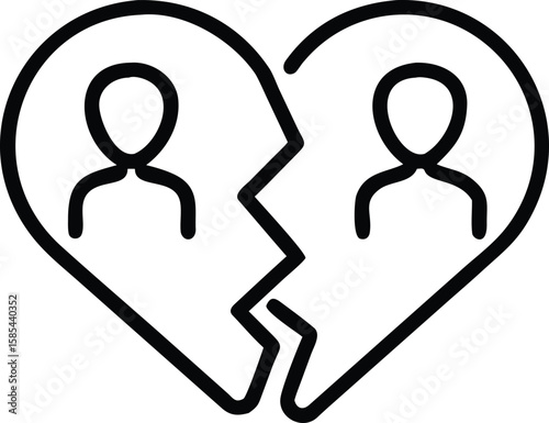 Broken heart with person icons inside in simple flat outline style