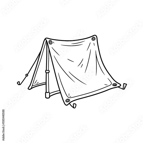 A camping tent, made of canvas, staked down, and supported with two center poles