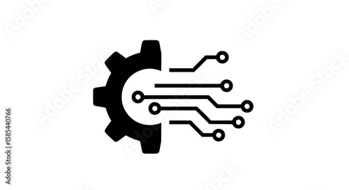 A black and white graphic featuring a gear and circuit board design element icon transparent background , no background