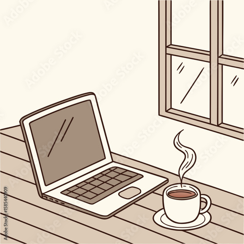 Laptop and coffee cup on a wooden table near a window with light coming through the glass panes view