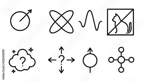 Quantum Mechanics Icons. Outline vector icons of quantum mechanics in multiverse: quantum particle,