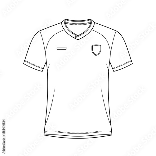 Blank soccer jersey template with short sleeves and a V-neck collar in black and white