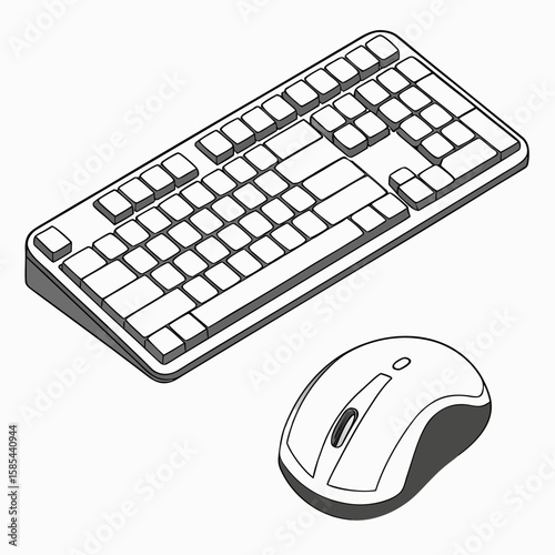 Isometric view of a computer keyboard with multiple keys and a mouse with a scroll wheel on a white background