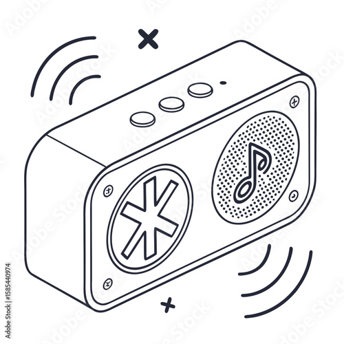 Isometric illustration of a bluetooth speaker with music note and bluetooth symbols emitting sound waves
