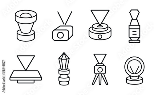 Hologram Projector Icons. Outline vector icons of hologram projectors: lens pod, mini emitter, rotating base,