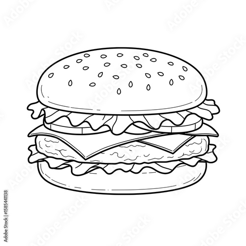 Monochrome illustration of a towering hamburger with ingredients