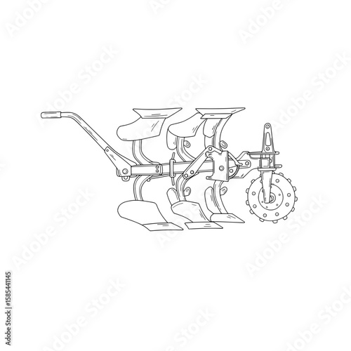 An artistic line art illustration of an antique agricultural plow equipment