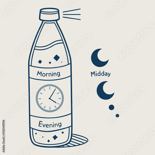 Bottle labeled with morning evening and a clock alongside moon phases representing midday time concept