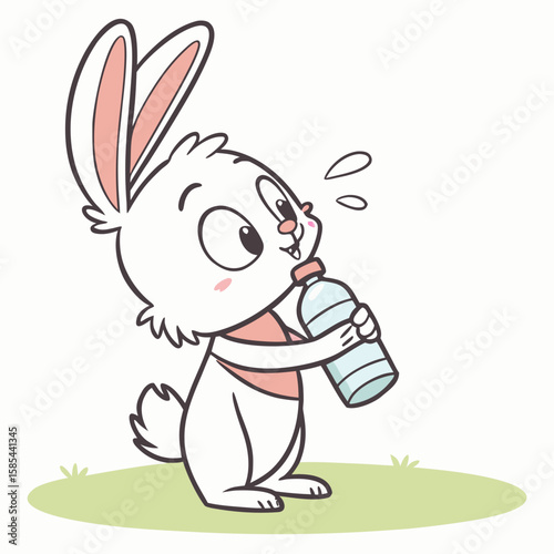 A cartoon white bunny drinking water from a plastic bottle on a green grass field with a white background