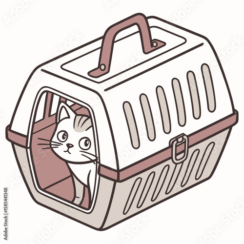 A cute cartoon cat with stripes peering out from inside a pet carrier with a handle and ventilation slots