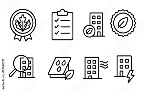 LEED Certification Icons. Outline vector icons of LEED certified buildings: LEED badge, certification