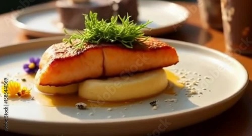 Abstract Gourmet Food Dishes Under Warm Golden Light Background
