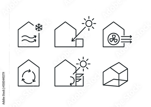 Environmental Design Icons. Outline vector icons of environmental design: passive cooling, natural lighting,