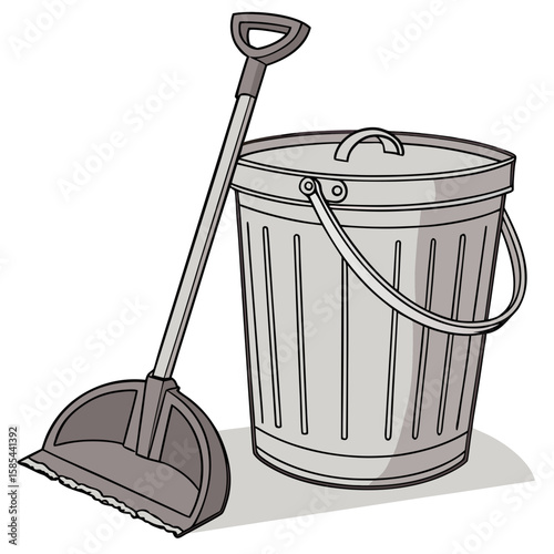 Illustration of a gray metal trash can with a lid and a gray dustpan leaning against the can neatly drawn