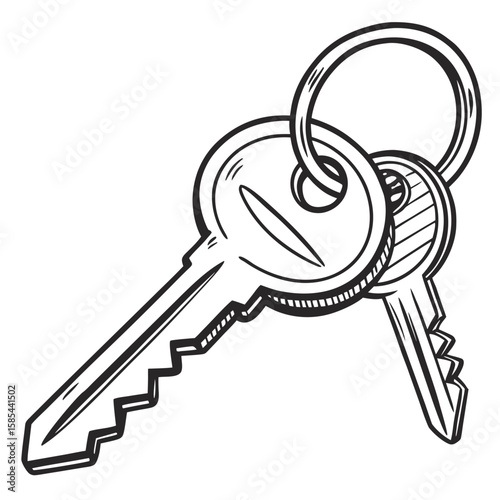 Two keys attached to a ring in a black and white drawing style with detailed line work and shading present