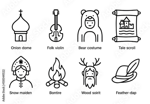 Folklore Icon Set. Outline vector icons of Eastern European folklore: onion dome, folk violin, bear costume,