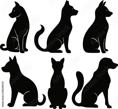 6 Cat and Dog Sitting Silhouette Vector Illustrations